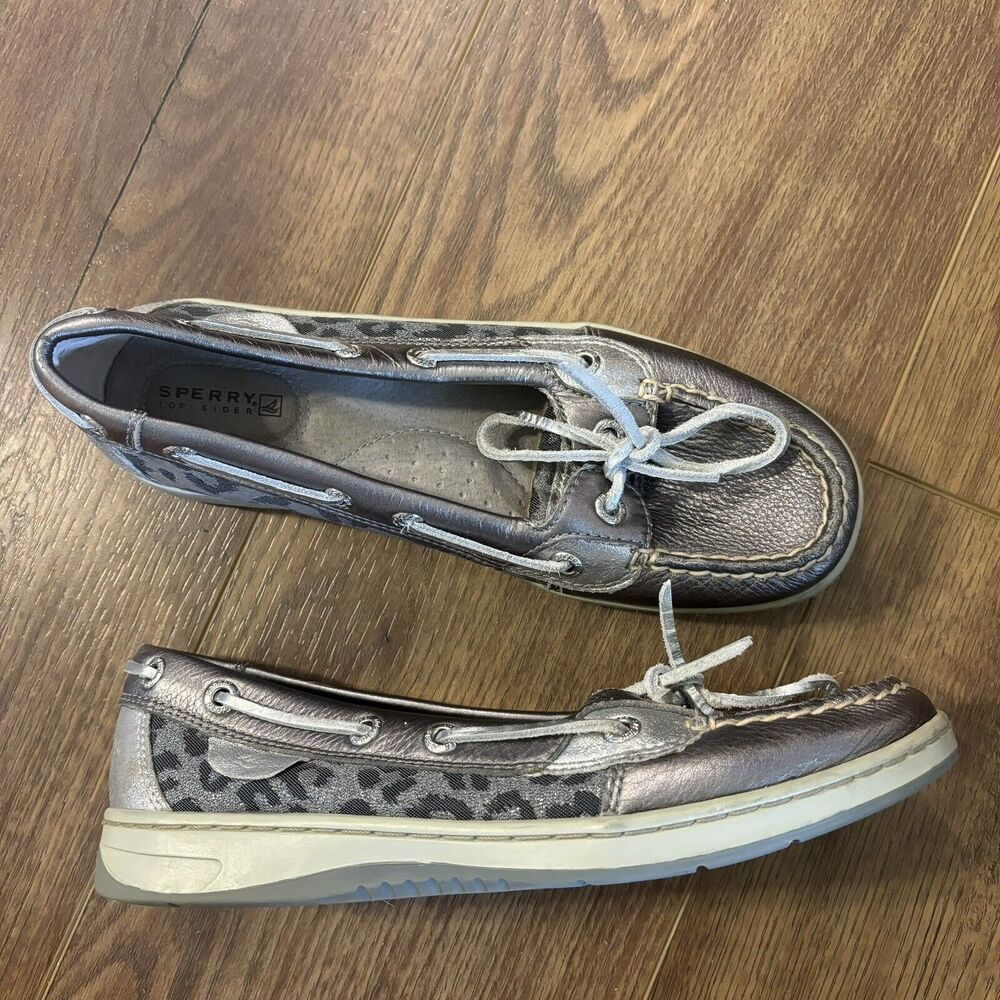 Sperry Top-Sider Angelfish Boat Shoe Silver Leopard Print Leather Women’s 6.5 - Picture 2 of 11
